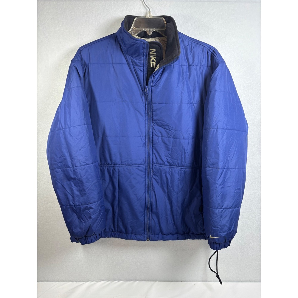 Vintage 90s Nike Mens Large Blue Puffer Jacket Gold Swoosh Fleece Lined Y2K